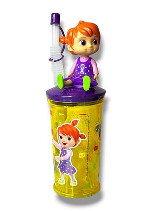 Детский стакан с крышкой, трубочкой и 3d-фигуркой «cocomelon» (сиси / cece), фиолетово-желтый