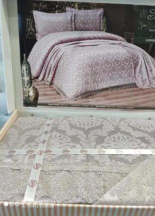 Жакардове покривало karina home з оксамитом 240х240 см з наволочками seda lavanta