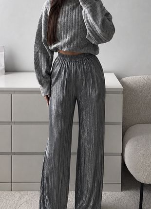Штани палаццо сірі блискучі ✨ плисе з ефектом металік 💫 zara 🌟 широкі вечірні xs-s🤍 гарні жіночі брюки 🤍 гарні жіночі штани