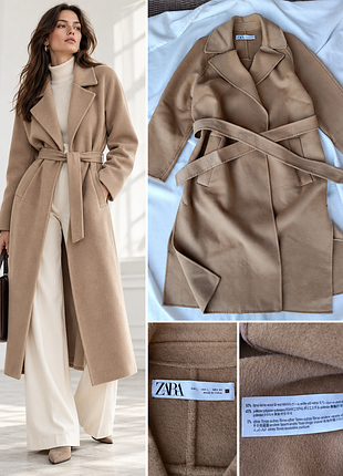 Легкое шерстяное пальто zara 50% шерсть camel пояс два разреза l