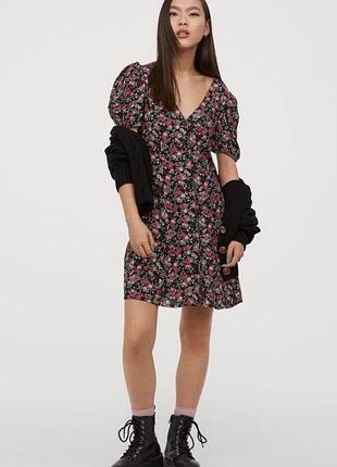 Новая мини-платье h&amp;m с цветочным принтом и объемными рукавами (с бирками)