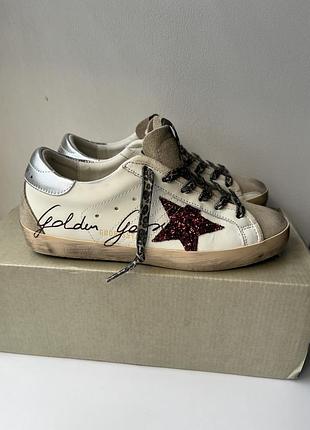 Кеди жіночі в стиле golden goose superstar білі з блискітками