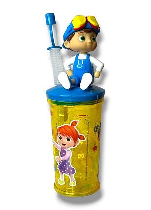 Детский стакан с крышкой, трубочкой и 3d-фигуркой «cocomelon» (коди / cody), сине-желтый