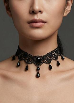 Чокер колье ожерелье кружевное ажурное черное готическое dark romantic с камеей бусиной стильное модное украшение для женщин девушек