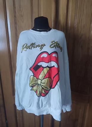 Білий світшот із зображенням класичного логотипа гурту the rolling stones великий розмір натуральна тканина 80% на флісі