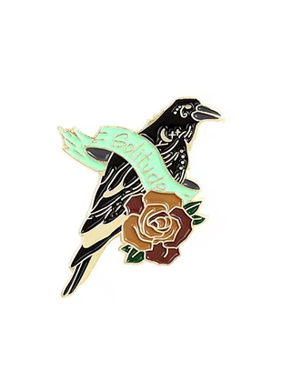 Металлический значок черный ворон красная роза брошь raven rose crow solitude черная ворона эдгар аллан по halloween хэллоуин черная птица