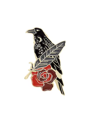 Металевий значок чорний ворон червона троянда брошка raven red rose crow чорна ворона едгар алан по перо чорної птиці halloween хелловін птиця