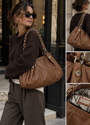 Кожаная сумка coccinelle hobo bag архивная модель натуральная кожа коричневая большая сумка из натуральной кожи ручки с цепью