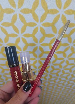 Набор красных помад, лот косметики, помада lancome 151, карандаш collist, блеск revlon, набор помад, помада женская