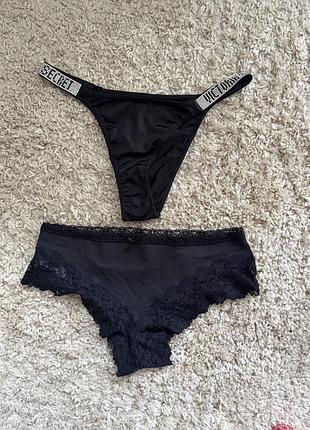 Жіночі трусики victoria's secret, чорні, стрінги та шортики, комплект