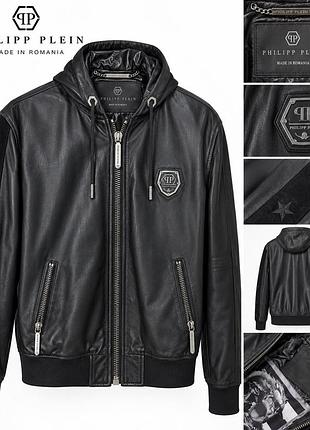 Philipp plein чоловіча шкіряна куртка з капюшоном, l, стан нової