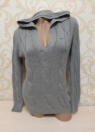 Вінтажна стильна толстовка з капюшоном lacoste з бавовни та вовни, грубого в'язання коса