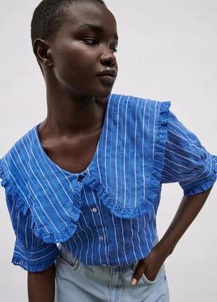 Хлопковая блузка с льном с большим воротником zara