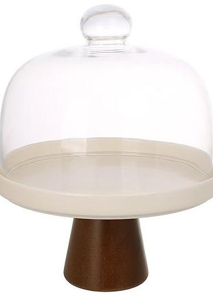 Подставка для десертов на ножке со стеклянной крышкой d21см, natural serving cream