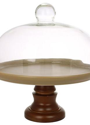 Подставка для десертов на ножке со стеклянной крышкой d28см, natural serving grey