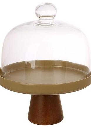 Подставка для десертов на ножке со стеклянной крышкой d21см, natural serving grey