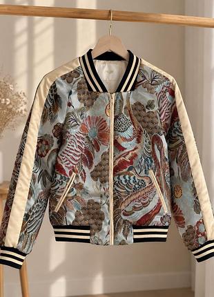 Maje boyan embroidered bomber jacket у японському стилі жакардовий теплий утеплений бомбер 36 / s з орнаментом, квіти та птахи вишивка