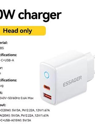 Устройство для быстрой зарядки essager pd 20 вт, usb, type c, с поддержкой quick charge 4.0 и 3.0 qc pd для iphone 17, 16, 15, 14, 13, 12, pro max