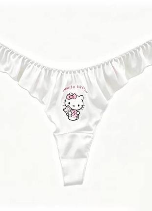 Трусики стринги белого цвета hello kitty, женские трусики стринги хеллоу котти с рюшами 5