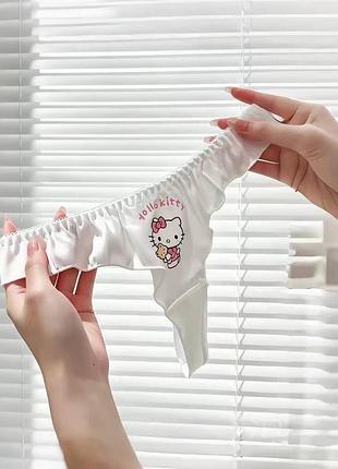 Трусики стринги белого цвета hello kitty, женские трусики стринги хеллоу котти с рюшами 4