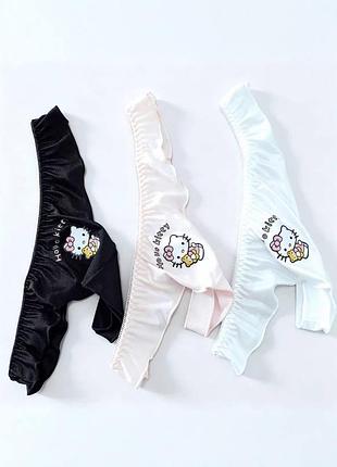 Трусики стринги белого цвета hello kitty, женские трусики стринги хеллоу котти с рюшами 6