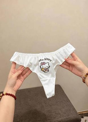 Трусики стринги білого кольору hello kitty, жіночі трусики стринги хеллоу кітті з рюшами
