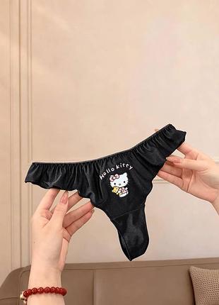 Трусики стринги чорного кольору hello kitty, жіночі трусики стринги хеллоу кітті з рюшами