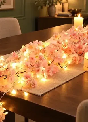 Светодиодная гирлянда сакура 5 м, 50 led, искусственные цветы и листья, на батарейках, теплый белый свет, декоративная гирлянда для дома и сада