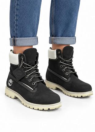 Жіночі шкіряні черевики timberland чорні з білим коміром