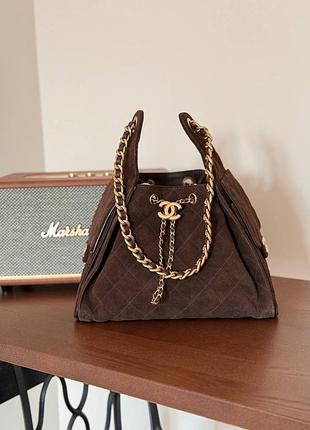 Сумка chanel коричнева замша 25 см мішечок золота фурнітура