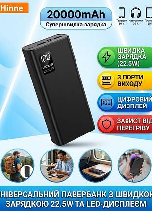 Потужний павербанк hinne 20000 mah із цифровим дисплеєм та швидкою зарядкою 22.5w