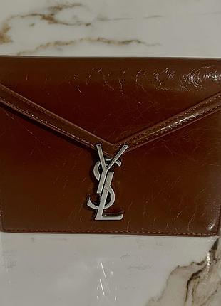 Стильна жіноча сумка-клатч ysl (yves saint laurent) коричнева лакована