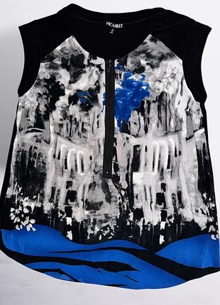Р. 48-50/l-xl женская блузка без рукавов от канадского бренда picadilly с абстрактным графичным принтом в черно-бело-синей гамме