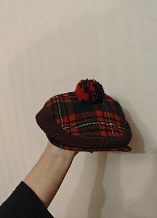 Highland arts scotland оригинальная винтажная шотландская кепи красная / коричневая с помпоном бамбоном кепка в клетку шапка шотландка
