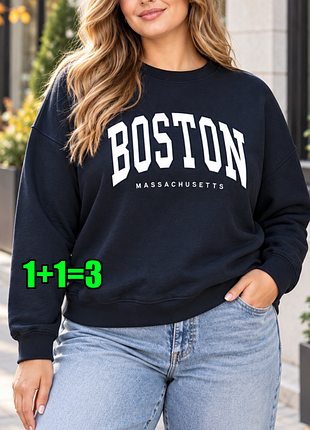 🤩1+1=3 жіночий темно-синій оверсайз світшот boston на флісі, розмір 58 - 60