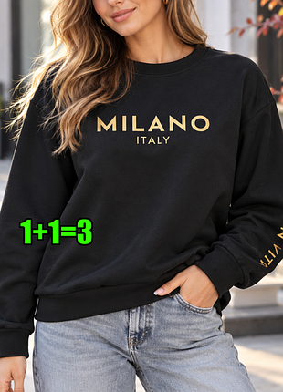 🤩1+1=3 жіночий чорний утеплений світшот на флісі milano italy, розмір 46 - 48
