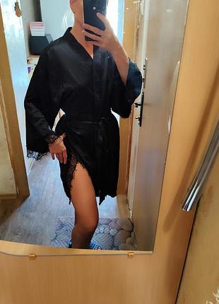 Халат чорний р 40 л l ann summers з мереживом короткий шовковий сатиновий