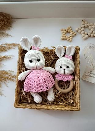 Вязаная игрушка и погремушка зайчик, подарок для младенцев, ручная работа