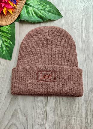 Коричнева  шапка-біні з відворотом та вишитим логотипом бренду lee — модель lee core beanie