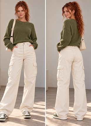 Жіночі джинси карго pull&bear, молочні wide leg, 100% бавовна