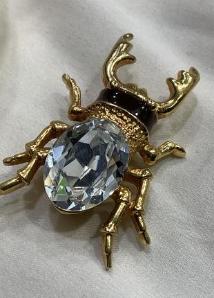 🪲💎✨ винтажная брошь жук - олень / скарабей с большим хрустальным кристаллом 1980и insect jewelry / glamour 👑 vintage