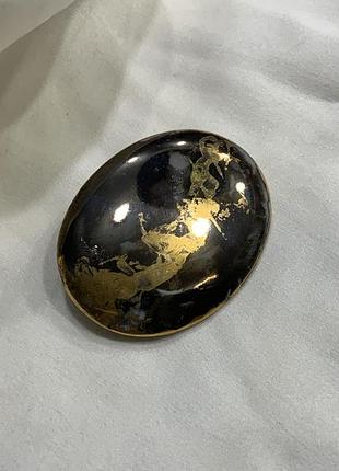✨🖤 вінтажна керамічна брошка з сусальним золотом чорний мармур art deco / mid-century style