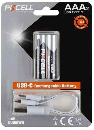 Батарейка аккумуляторная aaа 900mah 2шт (блистер) (li-ion) с разъемом type-c (с кабелем) тм pkcell
