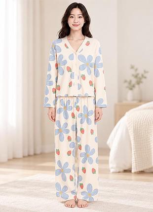 Комплект женской пижамы lesko blue flower xl рубашка с длинным рукавом и штанами одежда для дома