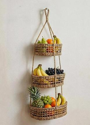 Підвісний кошик для фруктів fruit hub, 3 яруси, морська трава, настінний