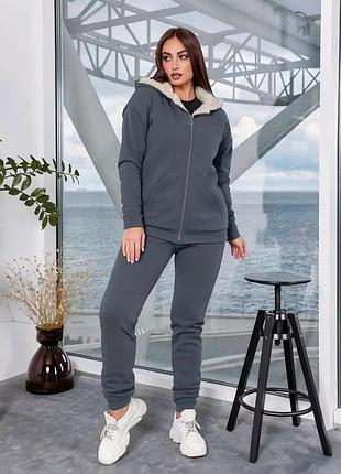 Жіночий костюм з хутром сірий l-xl