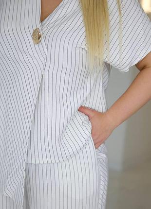 Костюм льон в смужку з запахом та широкими штанами білий 50-52 — ‼️заміри в описі‼️