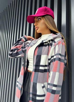 Сорочка-кардиган у клітинку з флісу рожевий 52-54