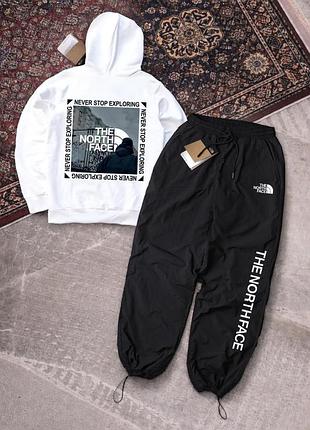 Чоловічий спортивний костюм біло-чорний the north face з капюшоном комплект худі штани плащівка зе норт фейс (b)