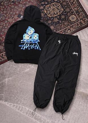Чоловічий спортивний костюм чорний stussy з капюшоном комплект худі штани плащівка стуссі (b)